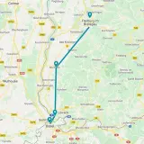Trasa z Bazylei do Fryburga przez Miluzę, z zaznaczonymi miastami i drogami.