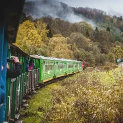 Zielony pociąg turystyczny mknie przez jesienne Bieszczady, w drodze z Krakowa do Soliny. Mgła spowija wzgórza.