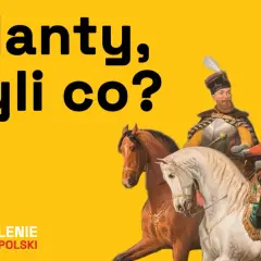 Dwóch jeźdźców w strojach historycznych na koniach, na żółtym tle.