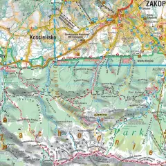 Mapa Tatr z zaznaczonymi szlakami turystycznymi, dolinami (np. Kościeliska, Strążyska) i szczytami. Widać wyraźnie **Nidzicę** i **Zakopane** z licznymi obiektami turystycznymi.