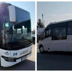 Dwa białe autobusy, jeden z przodu, drugi z boku, na tle nieba i drzew.