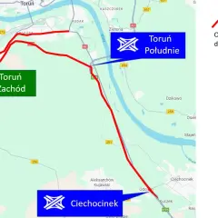 Mapa drogowa z zaznaczonymi objazdami Toruń Zachód i Toruń Południe, prowadzącymi do Aleksandrów Kujawski i Ciechocinek.