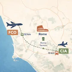 Mapa pokazuje połączenie lotnicze z Fiumicino (FCO) do Rzymu (32 km) i transport autobusowy z Rzymu do Ciampino (CIA) (15 km).