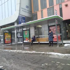 Z dworca PKP Poznań Główny na lotnisko dojedziesz autobusem. Na przystanku czekają pasażerowie.
