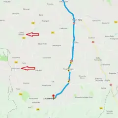 Trasa Kraków - Zakopane, z zaznaczonymi Czarnym Dunajcem i Chochołowem.