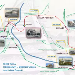 Mapa kolejowa z trasą pociągu "Wisła" między Toruniem Głównym a Bydgoszczą Wschód, przez Unisław Pomorski. Widoczne stacje i linie kolejowe, w tym fragmenty z Bydgoszcz i Brodnica.