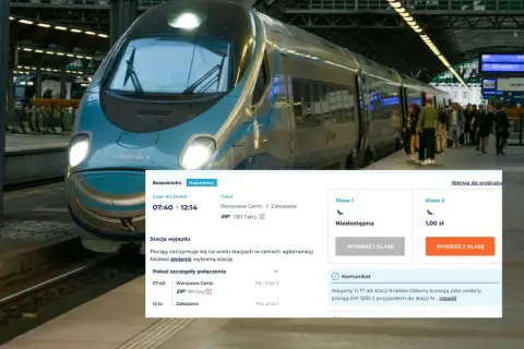 Ile kosztuje bilet do Zakopanego? Klasa 2 to 1,00 zł, ale Klasa 1 jest niedostępna. Pociąg EIP 1351 Tatry jedzie z Warszawy.