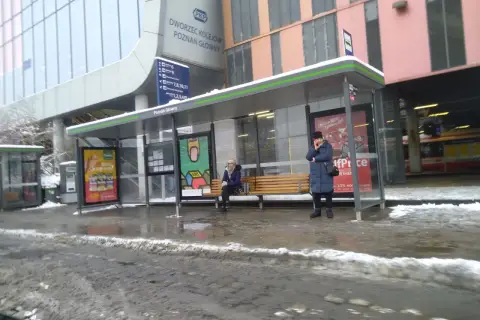 Z dworca PKP Poznań Główny na lotnisko dojedziesz autobusem. Na przystanku czekają pasażerowie.