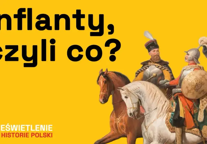 Dwóch jeźdźców w strojach historycznych na koniach, na żółtym tle.