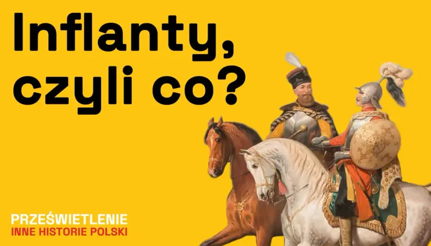 Dwóch jeźdźców w strojach historycznych na koniach, na żółtym tle.