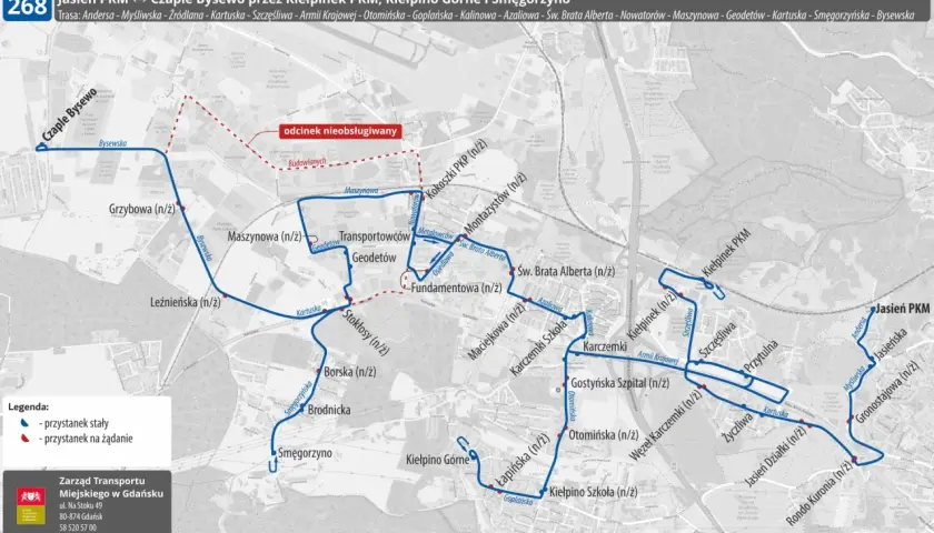 Mapa z zaznaczoną trasą autobusu w Gdańsku, z przystankami i nazwami ulic.