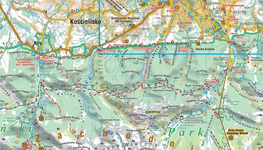 Mapa Tatr z zaznaczonymi szlakami turystycznymi, dolinami (np. Kościeliska, Strążyska) i szczytami. Widać wyraźnie **Nidzicę** i **Zakopane** z licznymi obiektami turystycznymi.