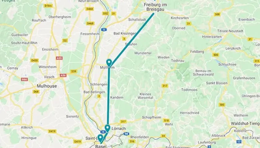 Trasa z Bazylei do Fryburga przez Miluzę, z zaznaczonymi miastami i drogami.