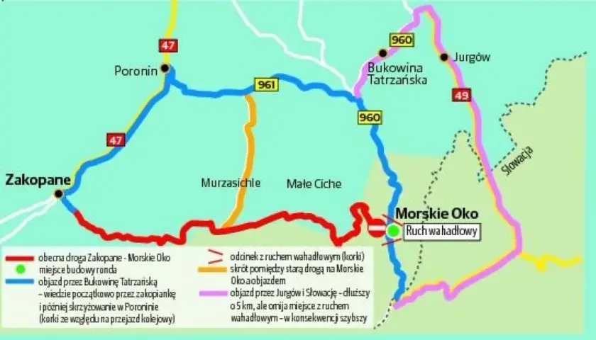 Mapa pokazuje jak dojechać do Morskiego Oka z Zakopanego. Wskazuje objazdy i odcinki z ruchem wahadłowym.