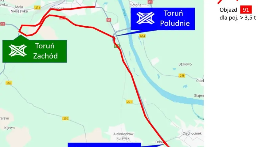 Mapa drogowa z zaznaczonymi objazdami Toruń Zachód i Toruń Południe, prowadzącymi do Aleksandrów Kujawski i Ciechocinek.