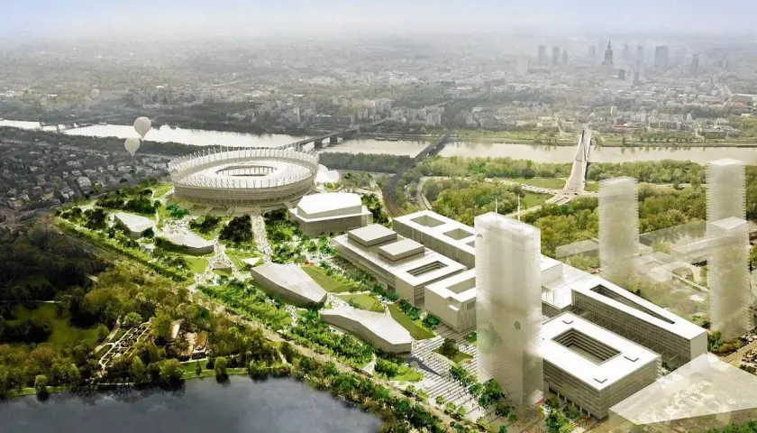 Wizualizacja nowoczesnego kompleksu budynków i stadionu na błoniach w Warszawie. W tle Wisła i panorama miasta.