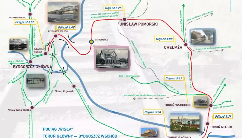 Mapa kolejowa z trasą pociągu "Wisła" między Toruniem Głównym a Bydgoszczą Wschód, przez Unisław Pomorski. Widoczne stacje i linie kolejowe, w tym fragmenty z Bydgoszcz i Brodnica.
