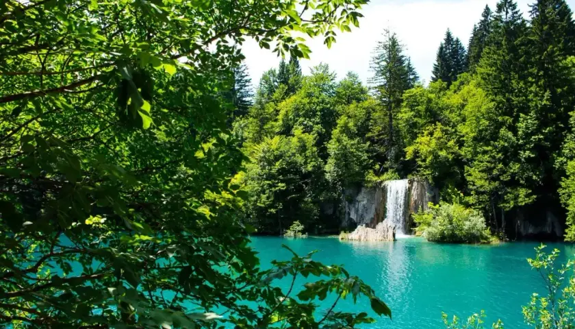 Zadar jeziora plitwickie: turkusowa woda, wodospad i bujna zieleń drzew tworzą idylliczny krajobraz.
