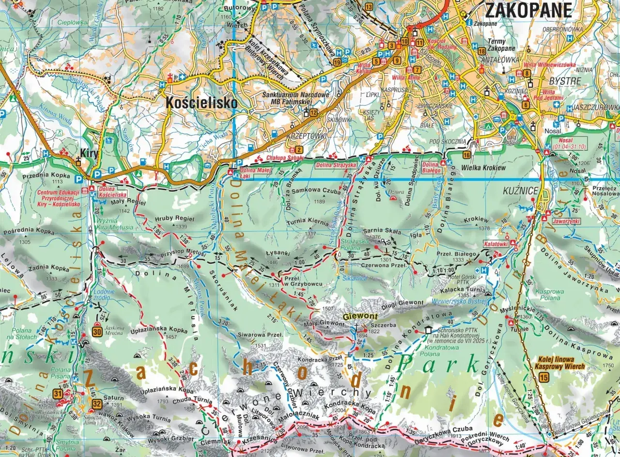 Mapa Tatr z zaznaczonymi szlakami turystycznymi, dolinami (np. Kościeliska, Strążyska) i szczytami. Widać wyraźnie **Nidzicę** i **Zakopane** z licznymi obiektami turystycznymi.
