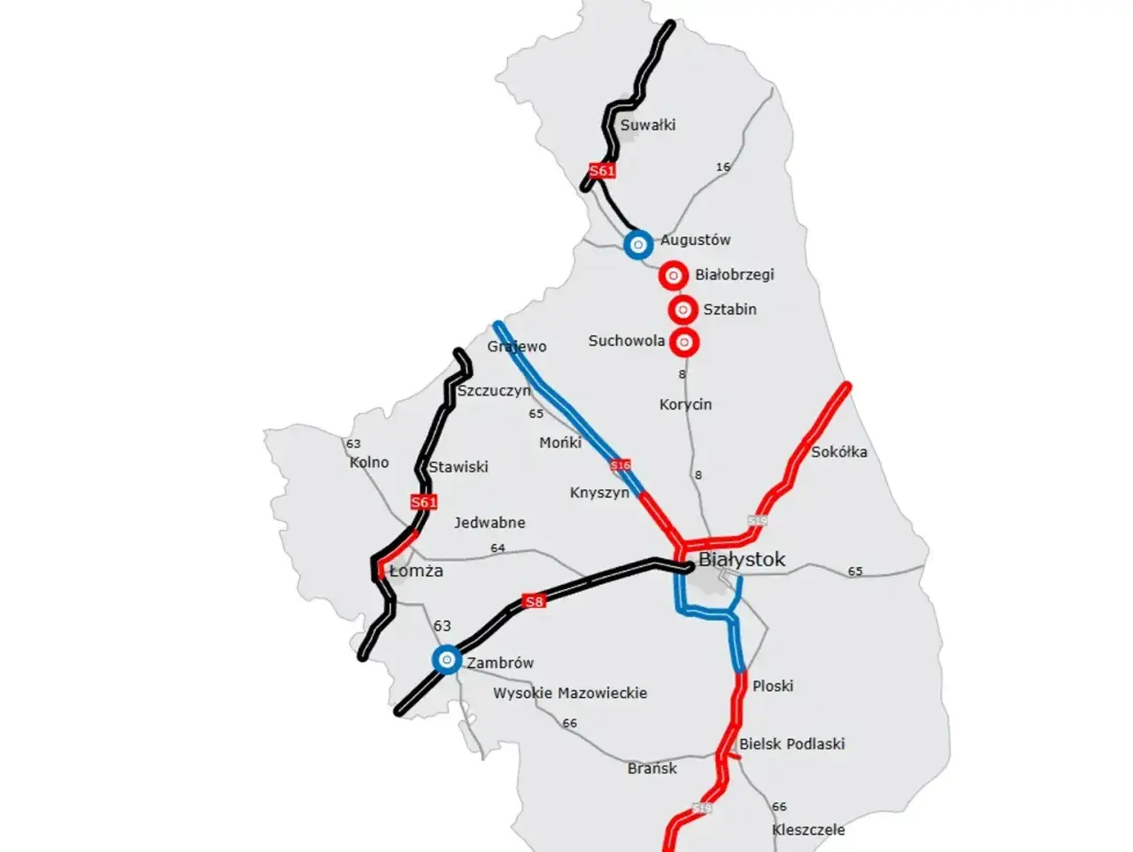Mapa dróg S61 i S8, łączących Grajewo z Augustowem i Białymstokiem, z zaznaczonymi innymi miastami i drogami.