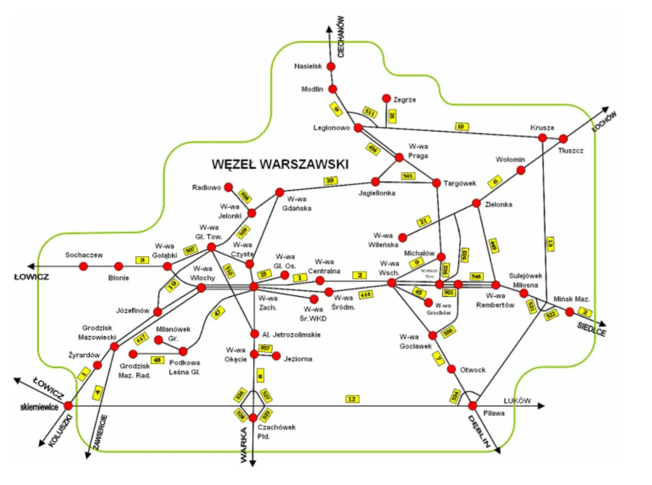 Mapa węzła kolejowego Warszawy z zaznaczonymi liniami i stacjami, w tym szybka kolej miejska w Warszawie.