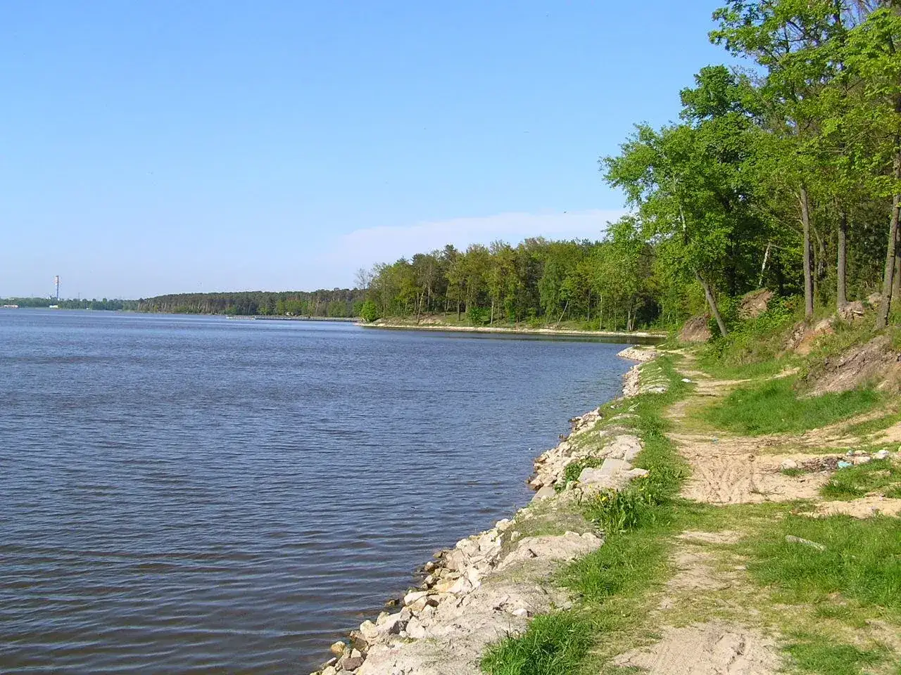 Ścieżka nad wodą w Lublin Zemborzyce. Wiosenny las i błękitne niebo nad jeziorem.