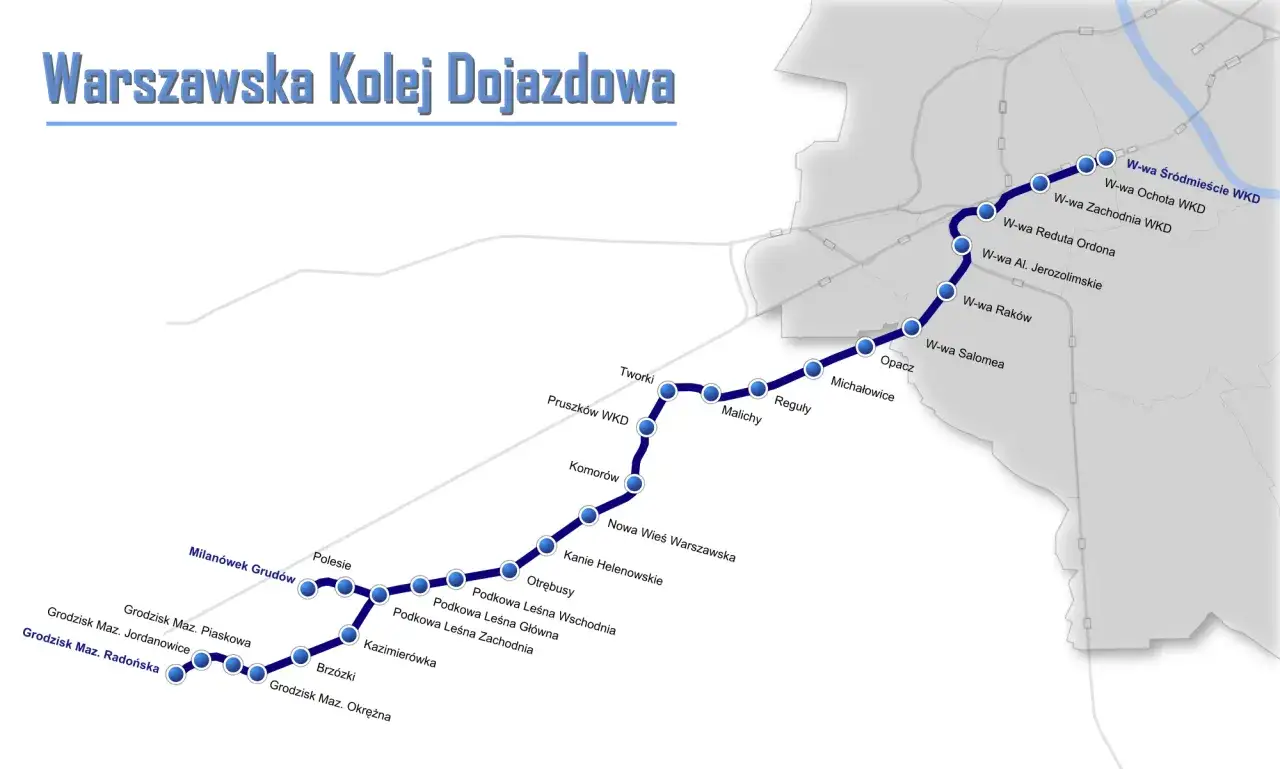 Mapa Warszawskiej Kolei Dojazdowej (WKD) z zaznaczonymi stacjami, od Grodziska Mazowieckiego po Warszawę Śródmieście WKD.