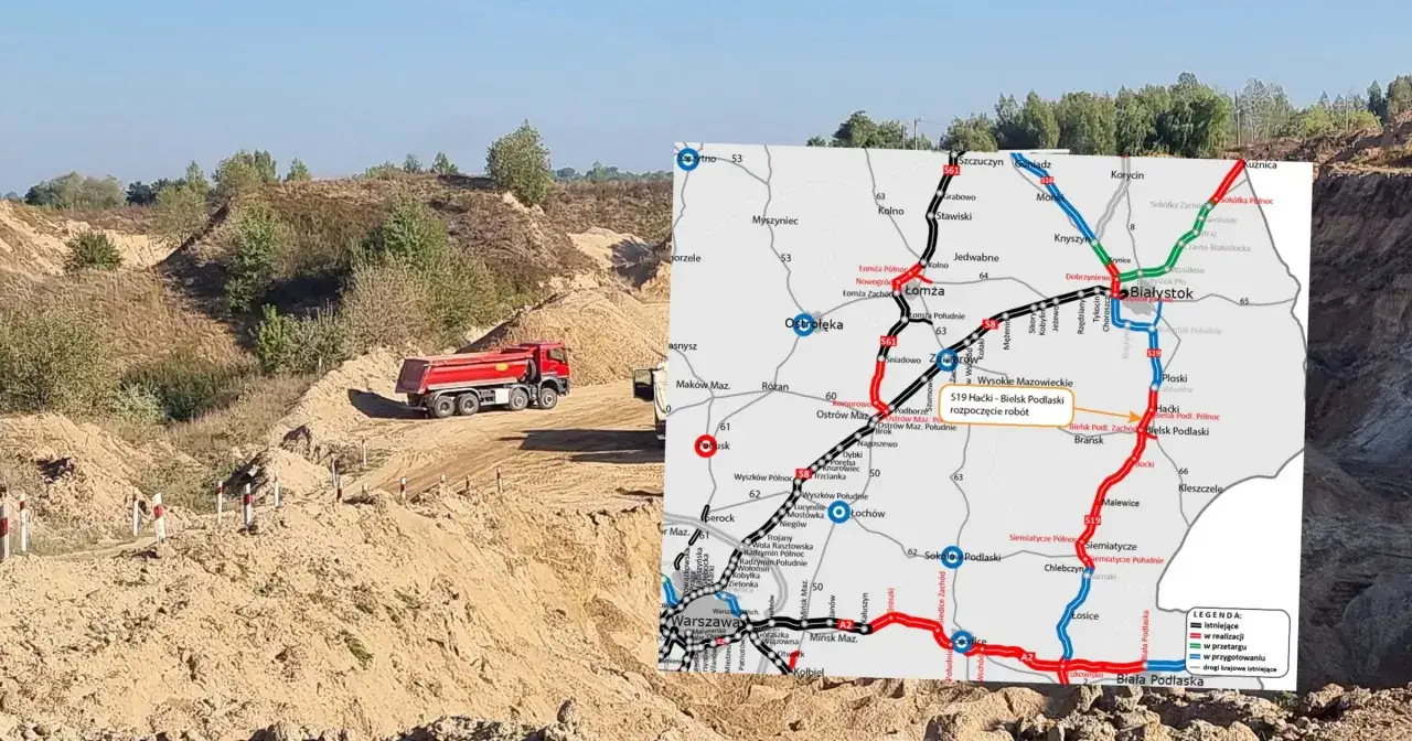 Budowa drogi S19 między Białymstokiem a Lublinem. Ciężarówka na placu budowy.