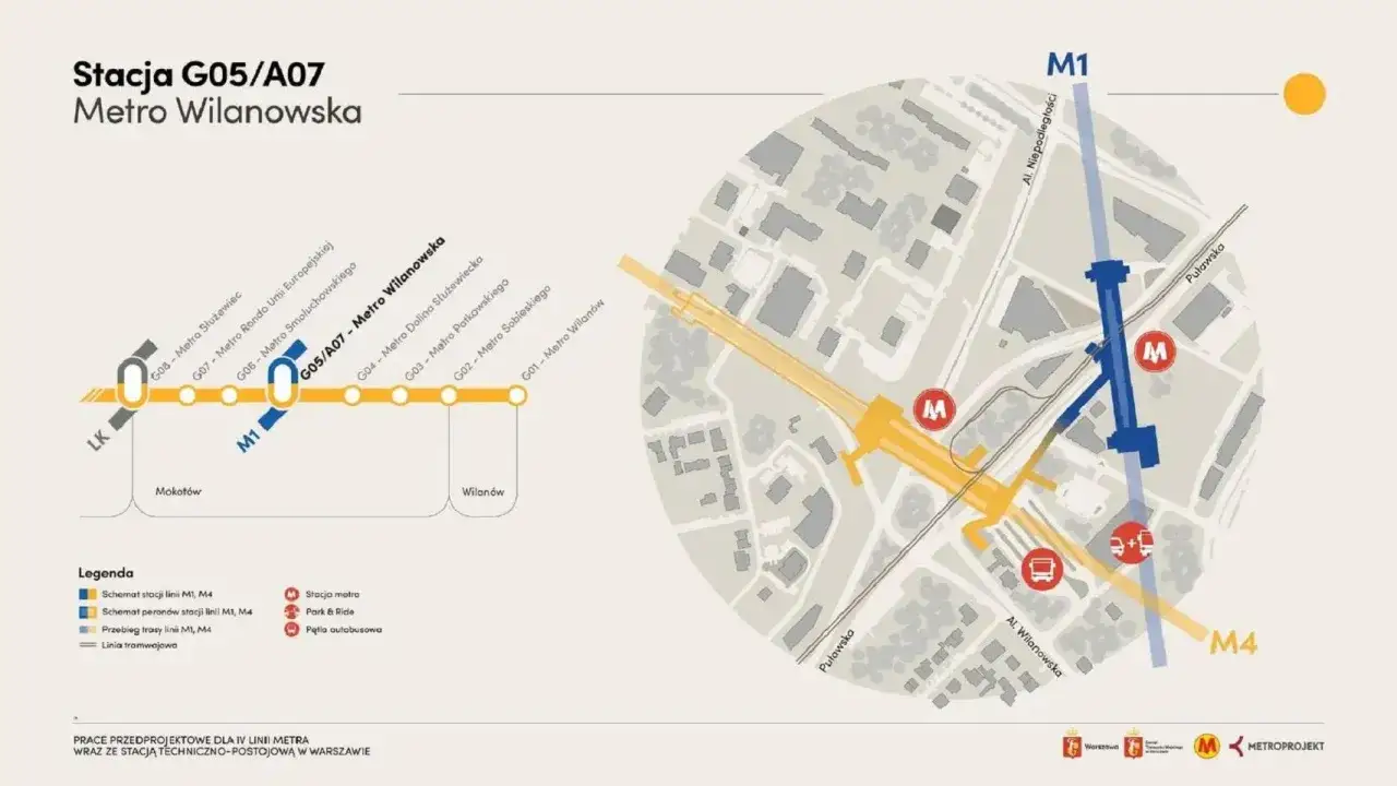Mapa prezentuje przebieg stacji metra M1 i M4, w tym kluczową stację Metro Wilanowska.