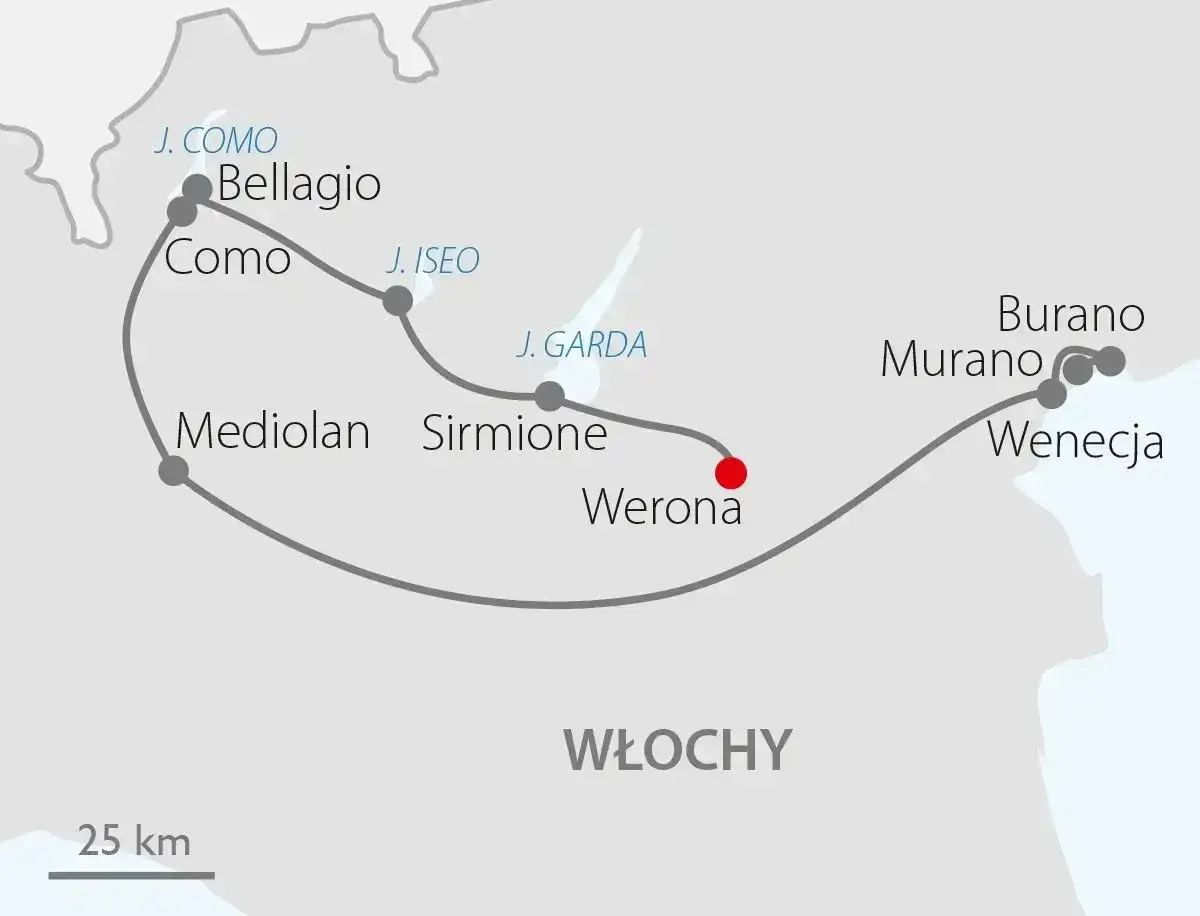 Trasa podróży po Włoszech: Mediolan, Sirmione nad jeziorem Garda, Werona, a dalej do Wenecji.