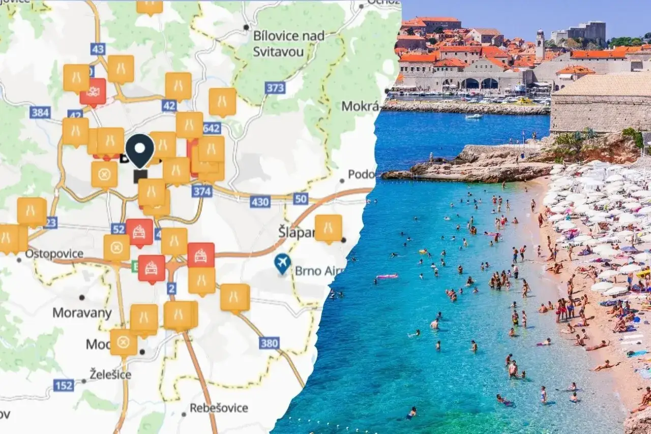 Mapa z ikonami i zdjęcie plaży w Chorwacji. Zastanawiasz się, ile się jedzie do Chorwacji autokarem?