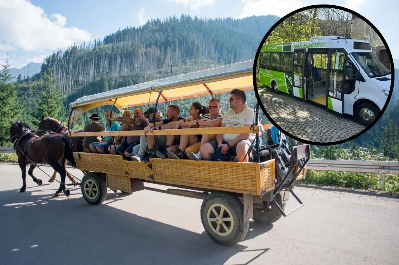 Konni zaprzężeni w konie wiozą turystów na Morskie Oko. Obok widać elektryczny bus, alternatywę dla tradycyjnych środków transportu.