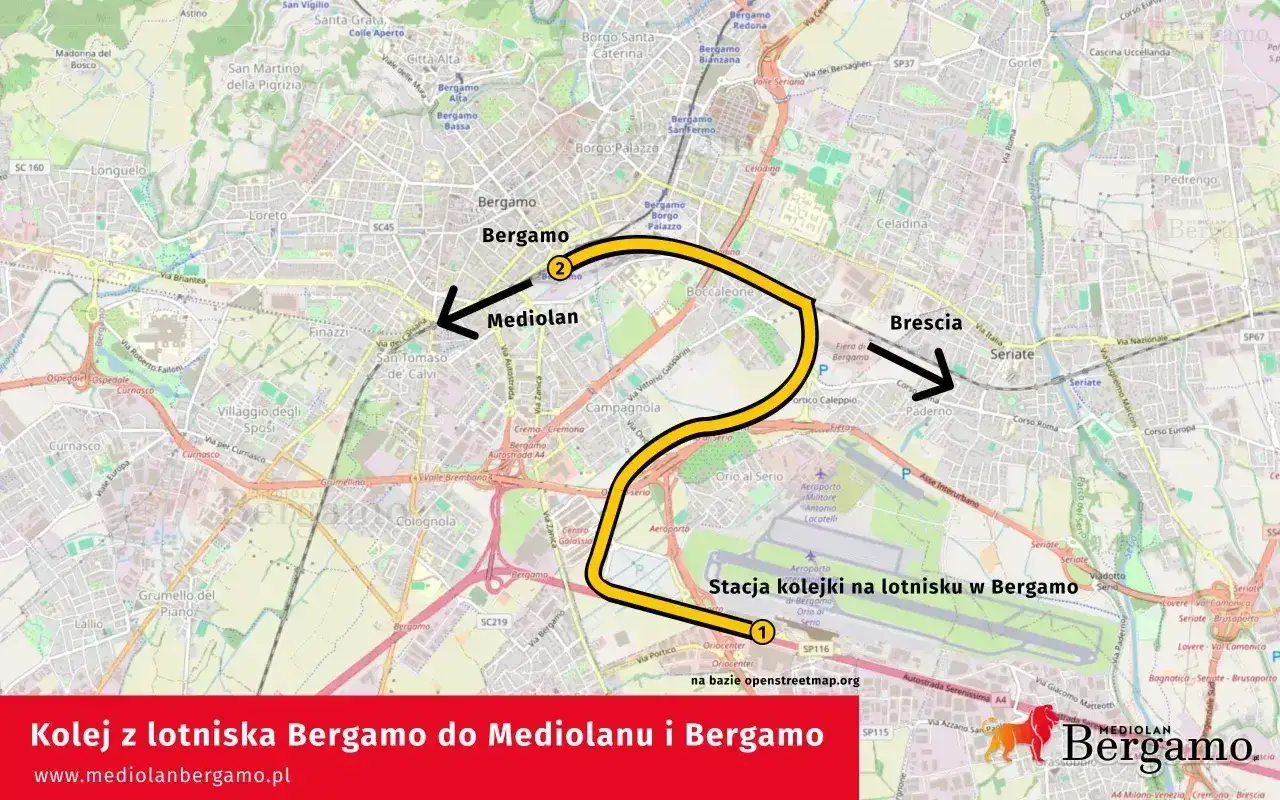 Trasa kolejowa z lotniska Bergamo do Mediolanu i Bergamo. Mapa pokazuje połączenie kolejowe między lotniskiem Orio al Serio a Mediolanem.