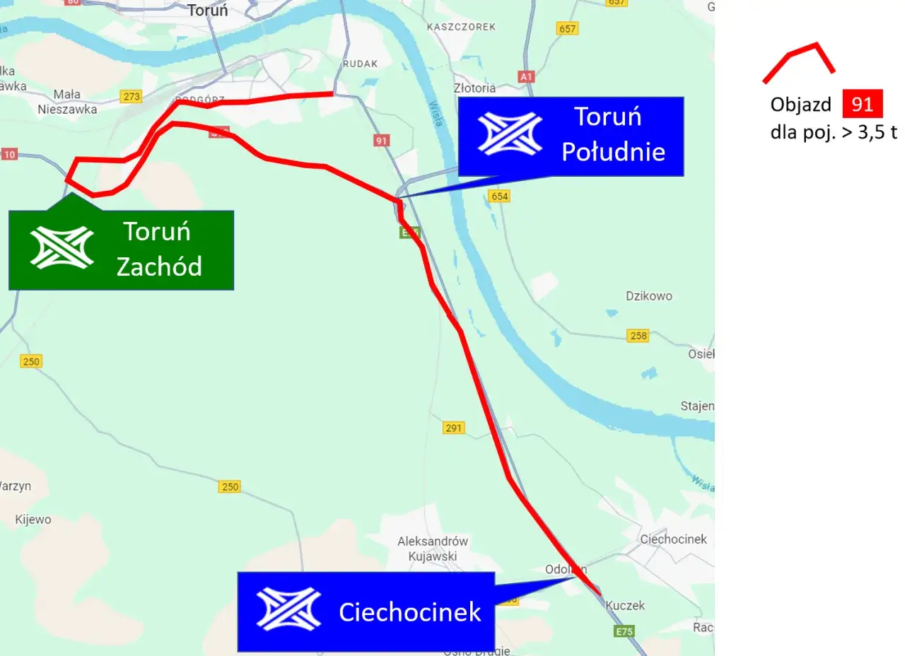 Mapa drogowa z zaznaczonymi trasami między Toruń Zachód, Toruń Południe, Aleksandrów Kujawski i Ciechocinek.